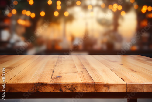 Empty wooden tabletop with blurred bar background