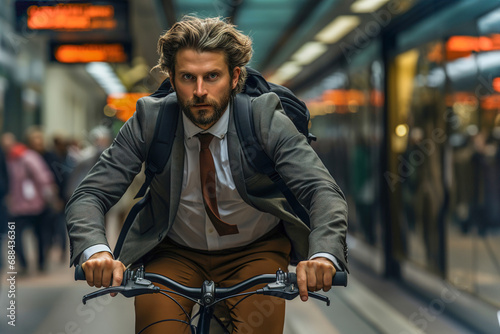 A man riding a bike down a street, going to work.