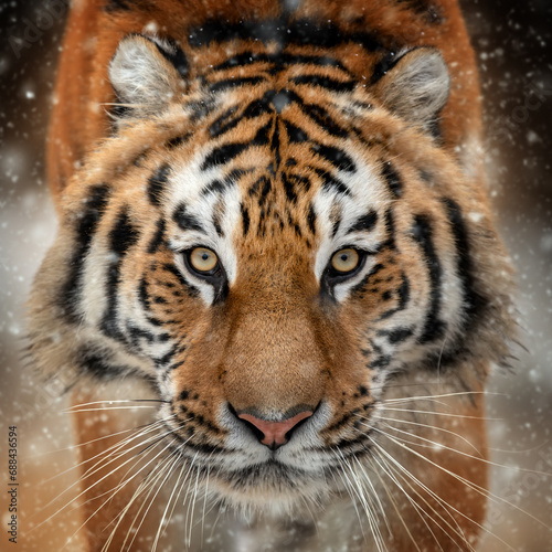 Closeup Adult Tiger portrait in cold time. Tiger snow in wild winter nature