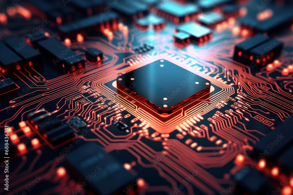 A powerful computer processor or chip on a motherboard. Modern technologies. Red background. Modern electronics production. A powerful computer processor or chip on a motherboard. Modern technologies. Red background. Modern electronics production.