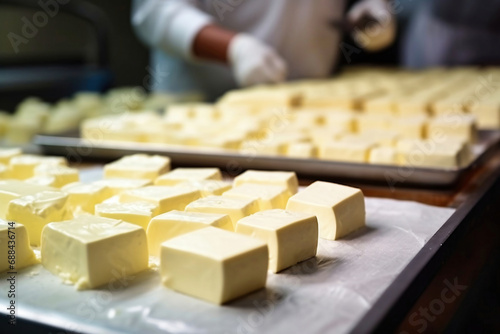 Photo of a variety of cheeses on a tray, ready to be enjoyed. Industrial cheese production plant. Modern technologies. Production of different types of cheese at the factory. photo