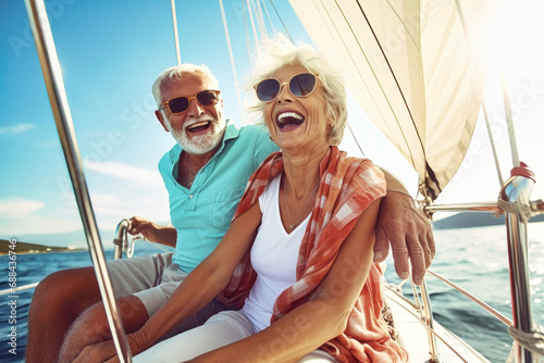 An elderly couple sits in a boat or yacht against the backdrop of the sea. Happy and smiling. They look at the waves and hug. Sea voyage, vacation. Love and romance of older people © Anoo