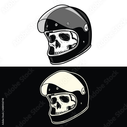 skull wearing biker helmet vector drawing