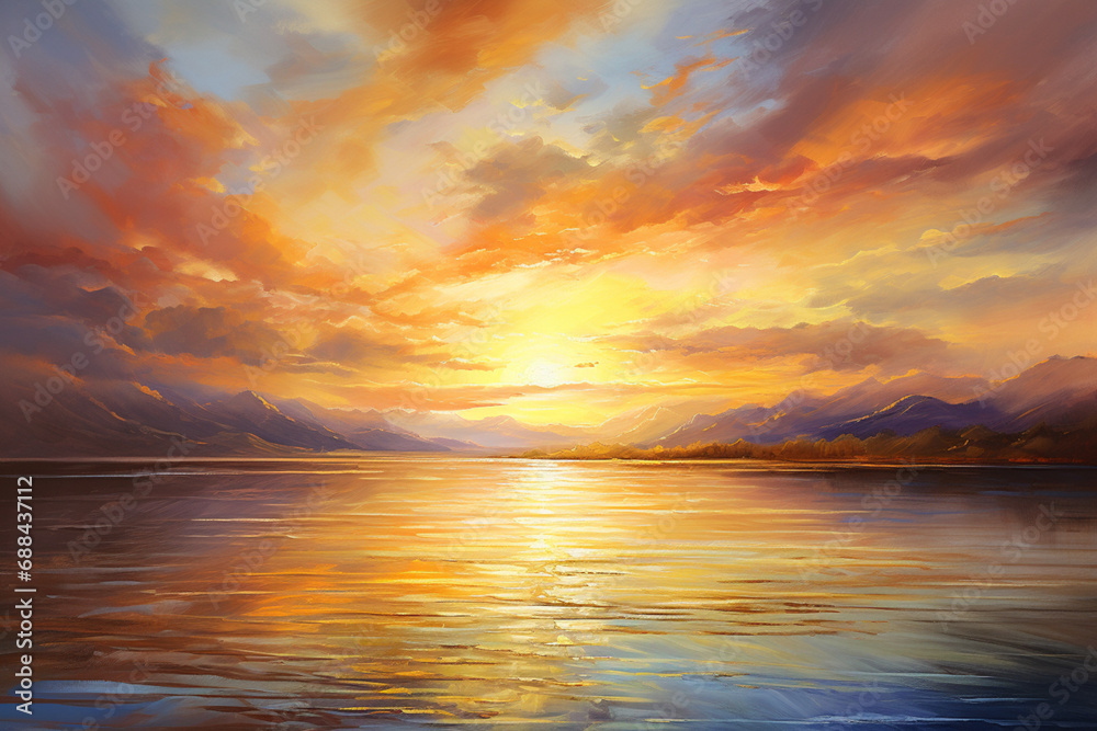 Sunset Over the Lake, Oil Painting Sunset Over the Lake, Oil Painting