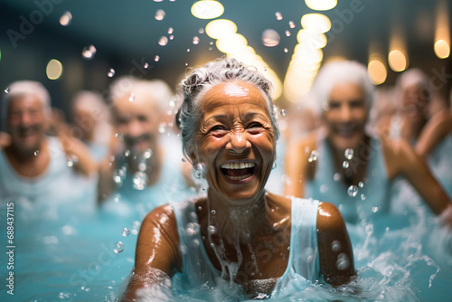 Group of old seniors doing exercises in a pool. photo