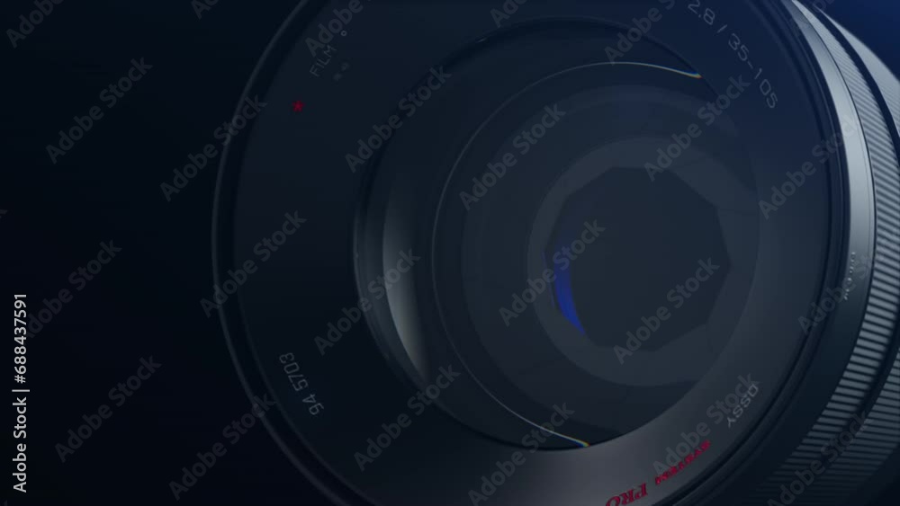 background with a close-up image of the lens on a dark background. The theme of Cinema and photography