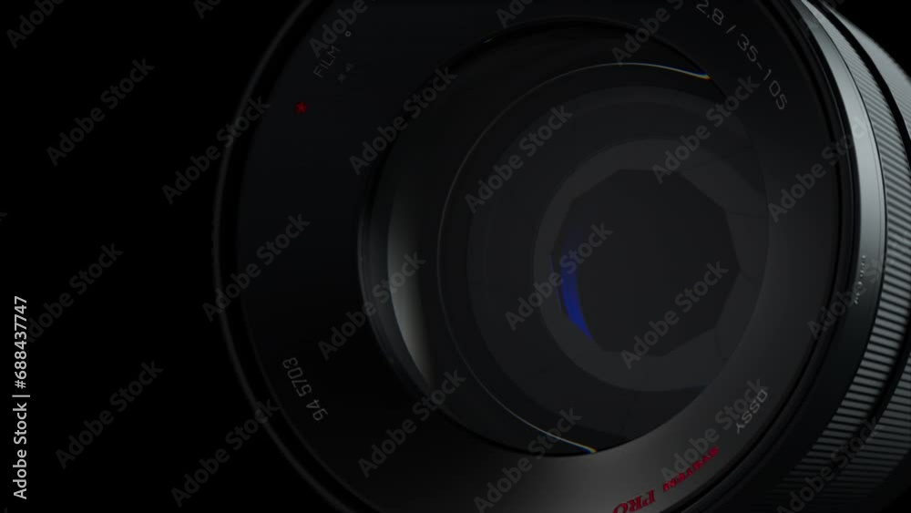 background with a close-up image of the lens on a dark background. The theme of Cinema and photography