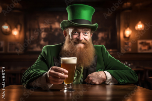 Mischievous Irish leprechaun wearing green suit and green hat having beer at a bar. Celebrating St. Patrick's Day in Ireland.