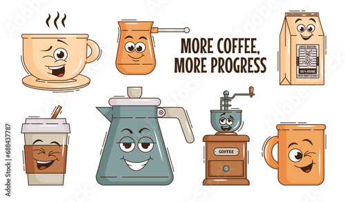 Funky groovy cartoon character set Coffee sticker. Vintage funny mascot patch fast psychedelic smile and emotion. Design art for cafe, bar, restaurant. Comic trendy vector illustration 90s style