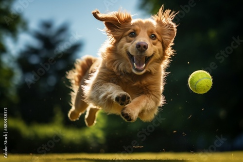  Retriever alegre en acción, saltando para atrapar una pelota bajo el sol en un parque photo