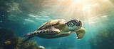 Green sea turtle deep underwater, gazing upwards as sunlight filters through shallow water.