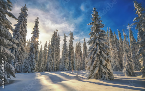 Enchanting Winter Wonderland: Majestic Pine Trees Blanketed in Glistening Snow photo
