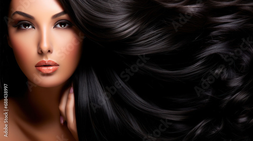 Beautiful brunette woman with long wavy coloring hair. Flat gray background.