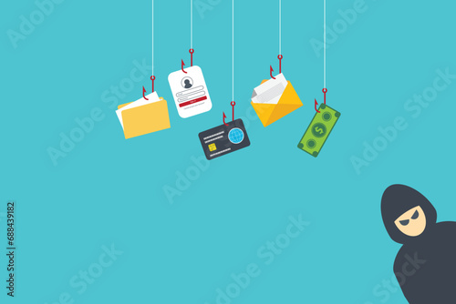 Hackers and cybercriminals phishing, identity theft, user login, password, documents, email and credit card. Hacking and web security. Internet phishing concept. Vector illustration
