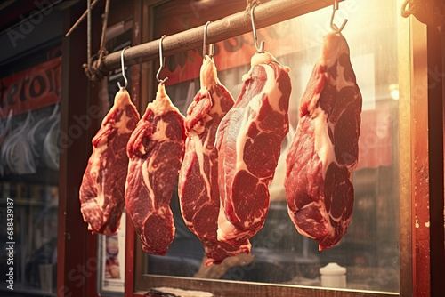 raw meat hanging in front of a shop