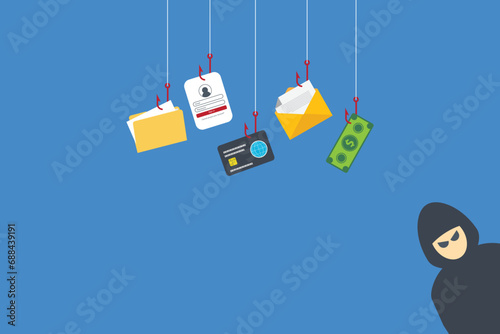 Hackers and cybercriminals phishing, identity theft, user login, password, documents, email and credit card. Hacking and web security. Internet phishing concept. Vector illustration