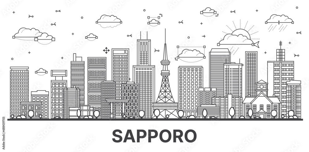 Outline Sapporo Japan city skyline with modern and historic buildings isolated on white. Sapporo cityscape with landmarks.