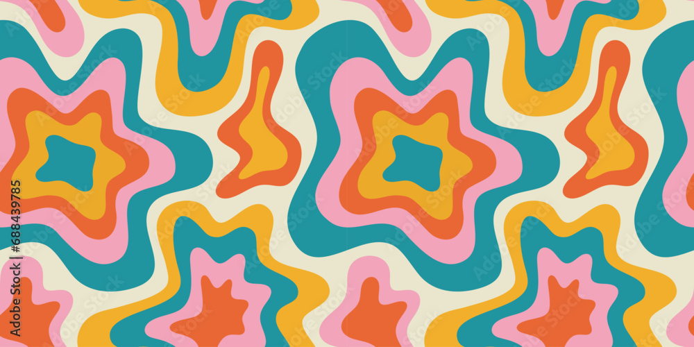 Abstract psychedelic tie dye seamless pattern illustration with colorful trippy wavy shapes in retro art style. Hippie or drug concept background design.