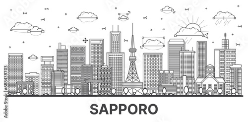 Outline Sapporo Japan city skyline with modern and historic buildings isolated on white. Sapporo cityscape with landmarks.