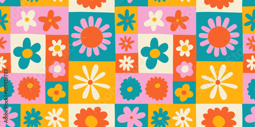 Colorful floral seamless pattern illustration. Vintage style hippie flower background design. Geometric checkered wallpaper print, spring season nature backdrop texture with daisy flowers.