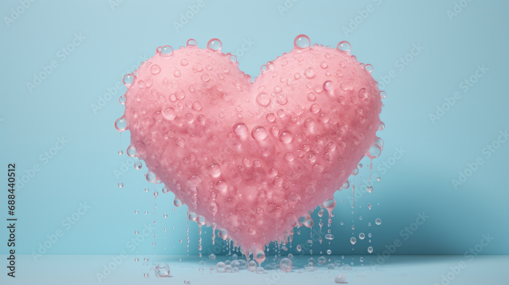 Pink heart with water drops on blue background.