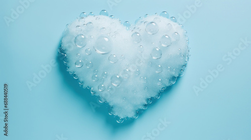 Soap foam in the shape of a heart on a blue background