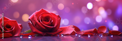 Red roses petals on a purple bokeh background.