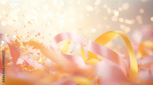 Confetti on pink, yellow ribbons on golden background