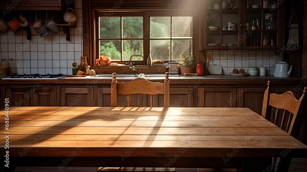Empty Wooden Table With Kitchen In Background