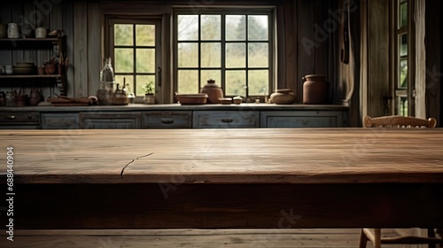Empty Wooden Table With Kitchen In Background
