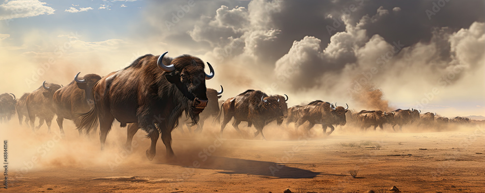 Horde of angry buffalos running to camera. cloud of dust everywhere. - obrazy, fototapety, plakaty 