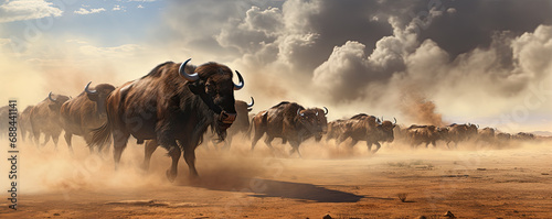 Horde of angry buffalos running to camera. cloud of dust everywhere. photo