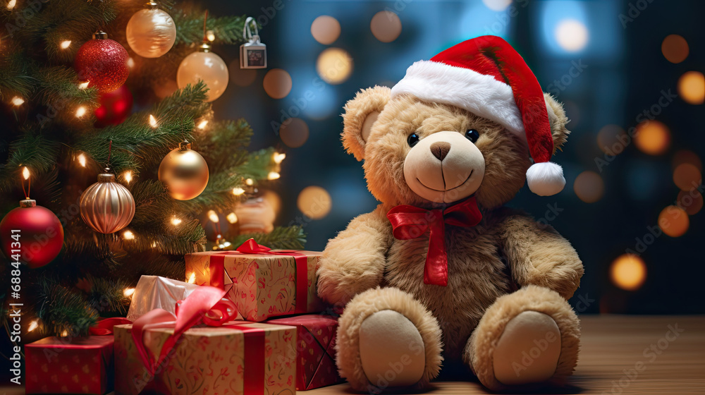 teddy bear wearing santa hat stands in front of decorated christmas tree