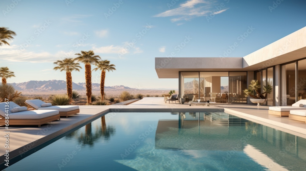 Fototapeta premium White villa with swimming pool, palms, breathtaking view for dessert dunes. Private property