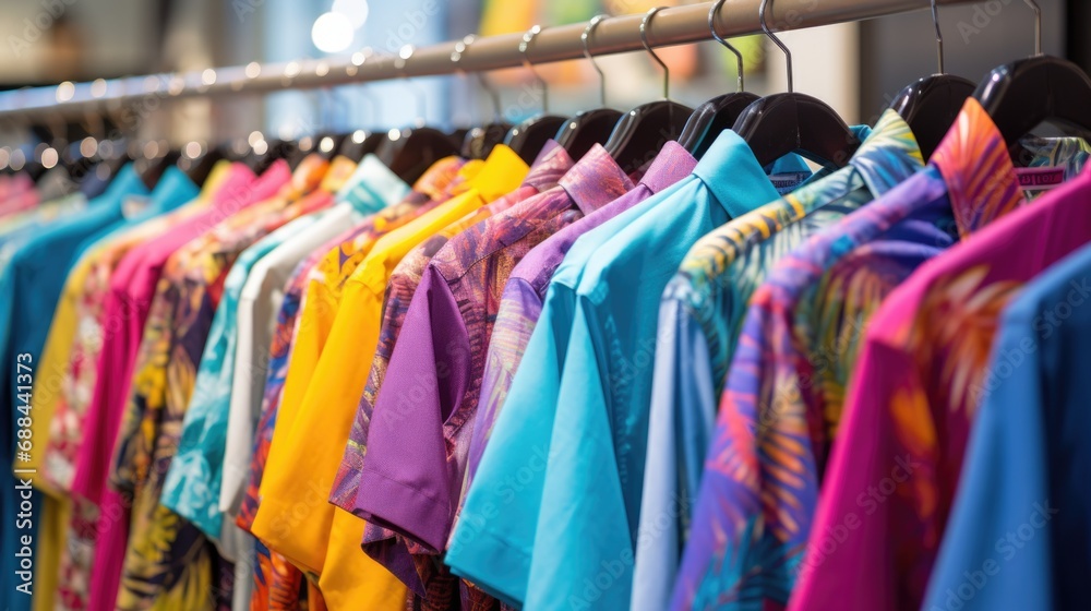 Multi-colored bright clothes in a clothing store. Modern fashion. Clothing trade.