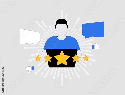 Boost business with positive customer reviews. Customer satisfaction with feedback and ratings. Vector illustration of positive customer experiences. Man using laptop phone for internet feedback