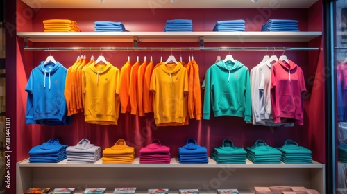 Multi-colored bright clothes in a clothing store. Modern fashion. Clothing trade.