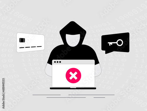 Cybercrime with Hacker and laptop. Extortion of money in exchange for key and decryption of personal information. Ransomware alert message, Cyber crime, ddos attack, system security, fraud and malware