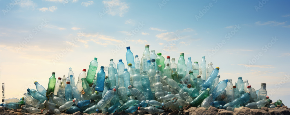 Plastic pollution or waste. Pile of empty used plastic bottles in exterior. - obrazy, fototapety, plakaty 