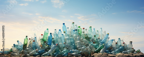 Plastic pollution or waste. Pile of empty used plastic bottles in exterior. photo