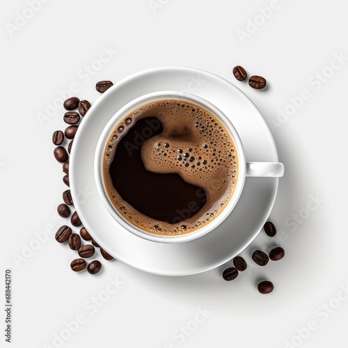 Hot freshly made cup of black coffee in a white cup and saucer with silver spoon and coffee beans isolated against a white background