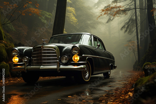 classic car with headlights on road in autumn in the fog in a foggy forest at twilight. The mystical atmosphere of a thriller