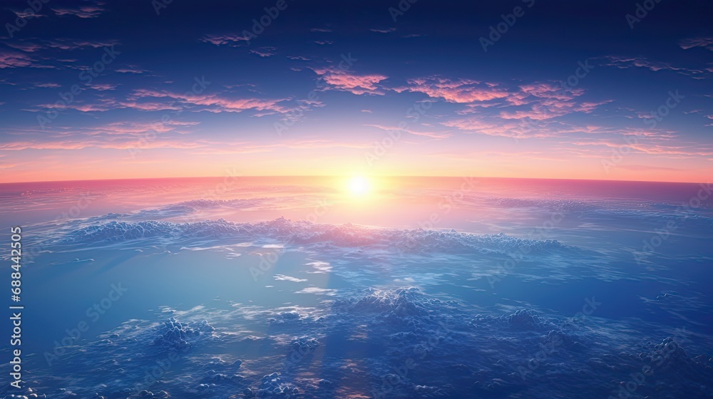 Flying over the world's oceans at dawn Airplane Flying over the world's oceans at dawn Airplane