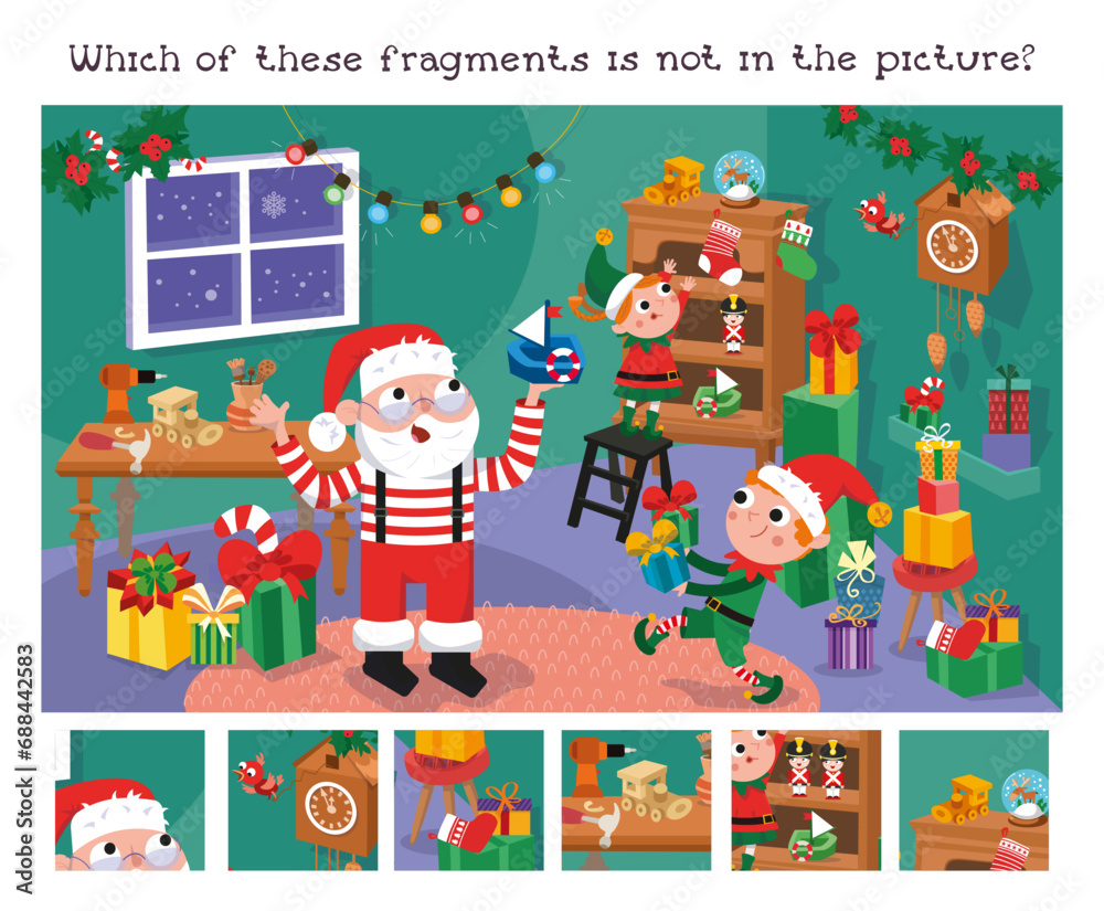 Naklejka premium Find fragments in the picture. Educational puzzle game for children. Cute Santa and Elves making gifts for children. Christmas workshop. Winter Christmas holidays. Vector illustration.