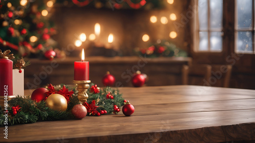 christmas still life with candles and decorations  Generative ai A wooden table is empty against a Christmas themed environment that looks blurry 