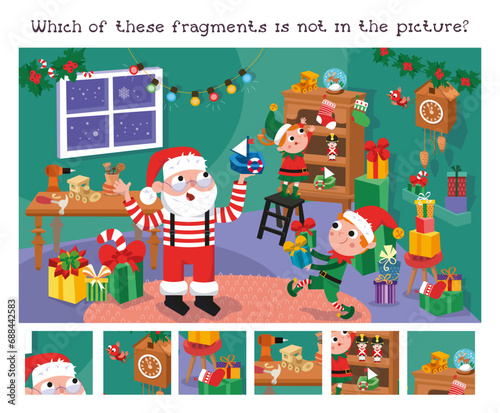 Find fragments in the picture. Educational puzzle game for children.  Cute Santa and Elves making gifts for children. Christmas workshop. Winter Christmas holidays. Vector illustration.