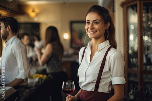 A waitstaff at a restaurant is holding a wine glass. photo