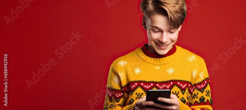A teenage boy in a sweater holding his cellphone