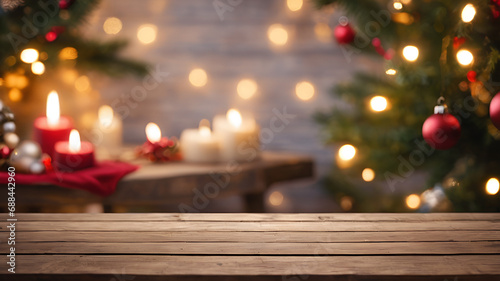 New Year festive empty wooden table blurred background Christmas banner 