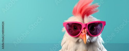 Chicken hen in funnz sunglasses on color background. copy space for text.